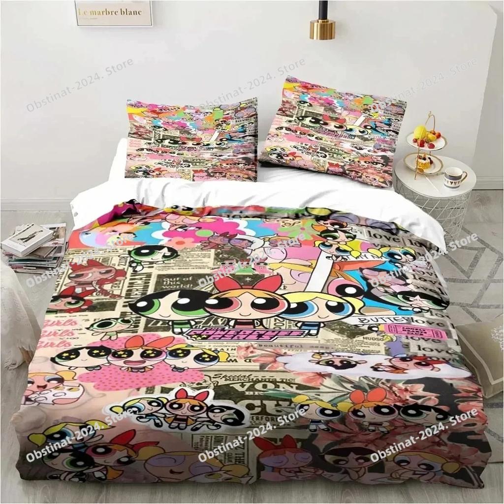 3D Anime Powerpuff Cute Grils Cartoon Bedding Set Printed Duvet Cover Sheet Pillowcase Bed Soft Quilt Cover Full Queen King Size