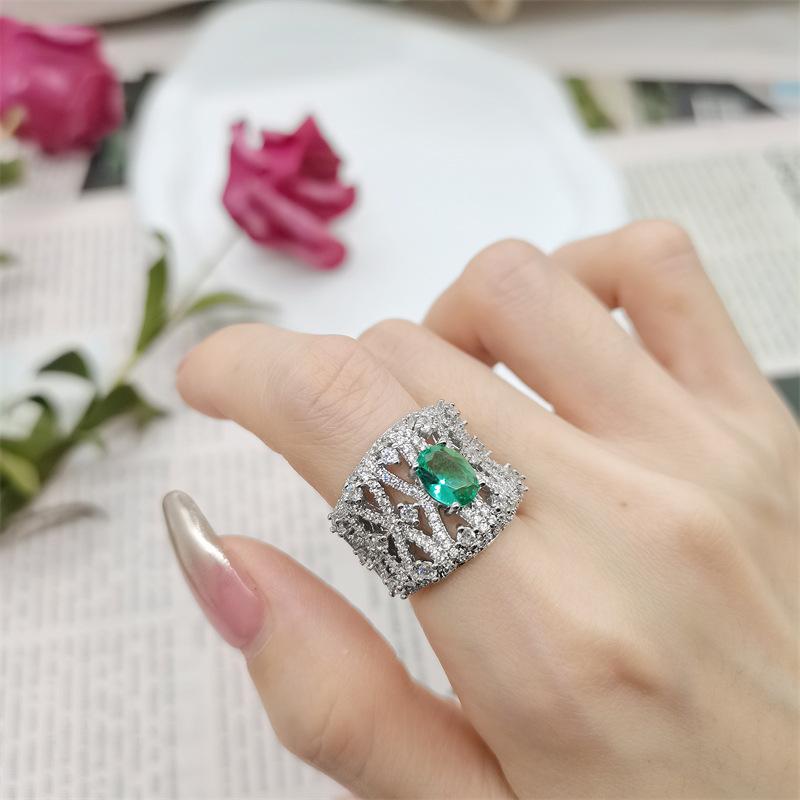 Big Wide Surface Hollow Flowers Vintage 100%  Sterling SIlver Open Rings Carved Stamp Tourmaline Stone Women Ladies Ring