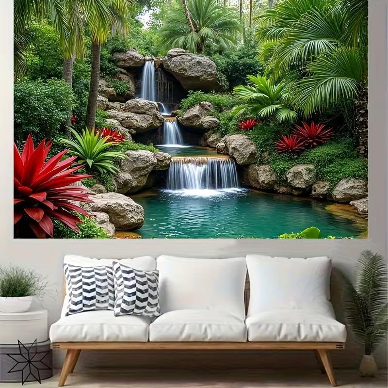 2D Türkisfarbener Pool Wasserfall Wandteppich Tropischer Regenwald Fotografie Hintergrund