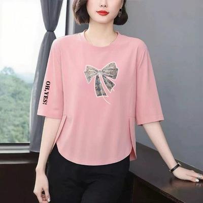 Stylish Bow Print 3/4 Sleeve Women's Slimming Top - Flaw-Hiding, Age-Defying Design