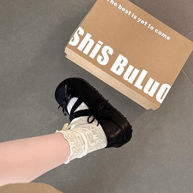 Bow Inner Heightening Ballet Flats Spring Round Head Mary Jane Cross Strap Single Shoes Velcro Women's Shoes