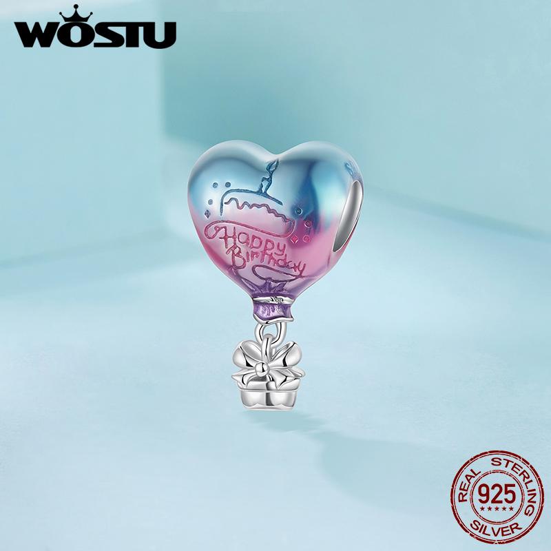 WOSTU 925 Sterling Silver DIY Birthday Charm Beads Hot Air Balloon Pink Bear Princess Dress Carousel Pendant Fit Bracelet Neck