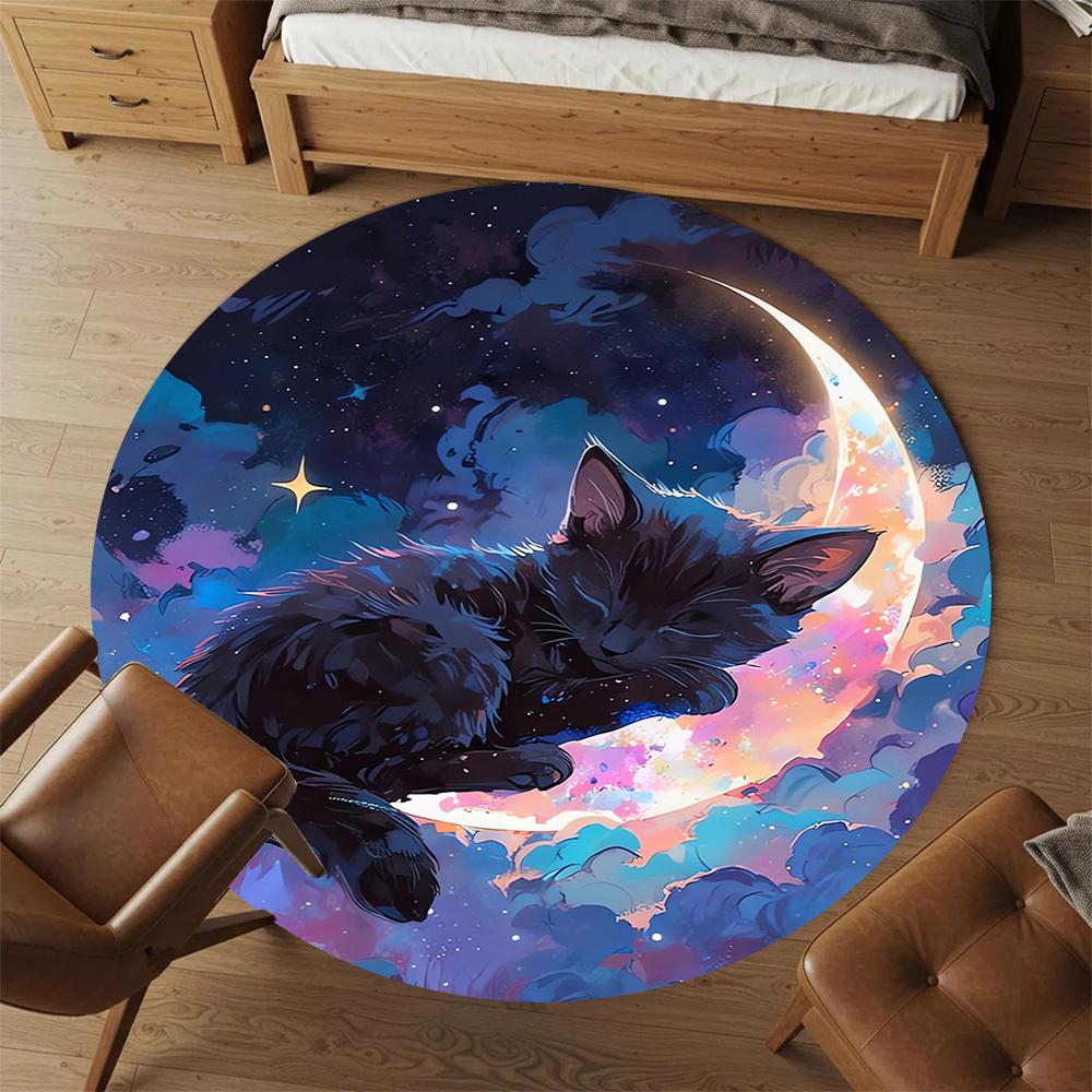 1pc Cosmic Kitty Round Chair mat Area Rug - Non-Slip, Floor Mat for Office, Bedroom, Ideal home decor Christmas Gift p0811479