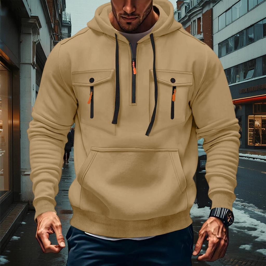 Men's Military Cargo Hoodies, Casual Quarter Zipper Pullover Tops With Multi Pockets
