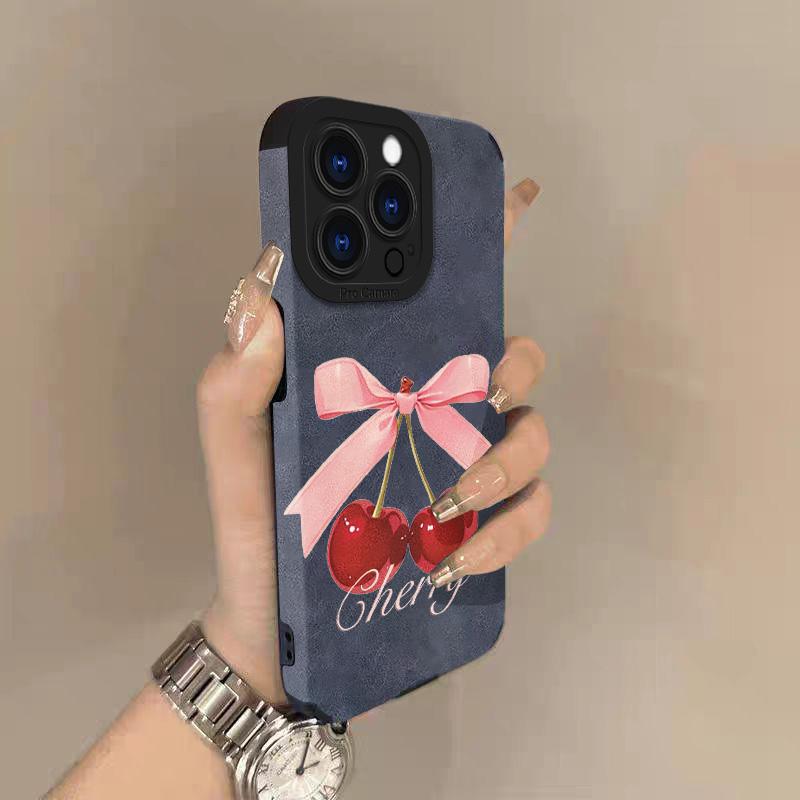 Cherries Lambskin Leather Phone Case For iPhone 17 Pro Max Air 16 15 14 13 12 11 Pro Max Plus X XS MAX XR Hard Back Cover