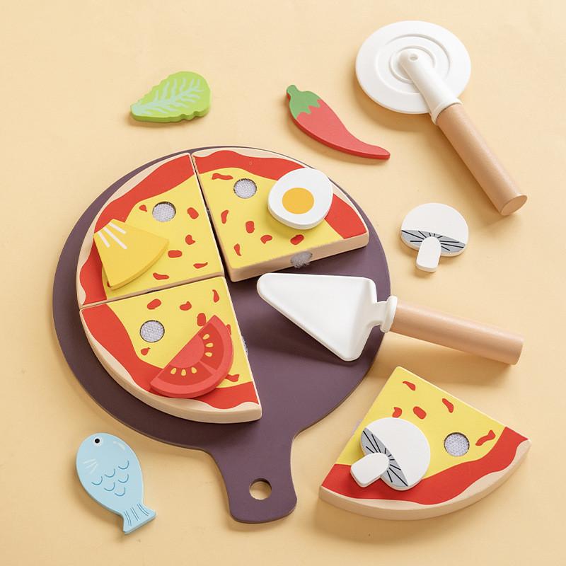 Wooden Pizza And Fruit Cutting Playset For Kids With Role Play Kitchen Toys