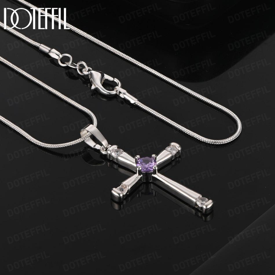 925 Sterling Silver Fashion Necklace With Purple AAA Zircon Cross Pendant Jewelry