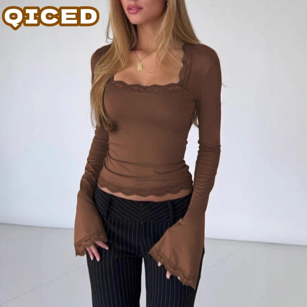 QICED Women's Fashion Casual Solid Color Print Long Sleeve Blouses & Shirts
