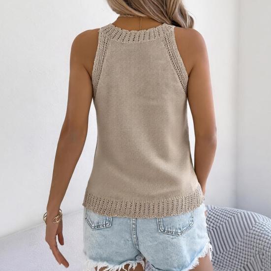 Women Tops Slim Fit Solid Color Summer Blouse Round Neck Sleeveless Hollow Design Soft Stretchy Knitting Tops Casual Wear