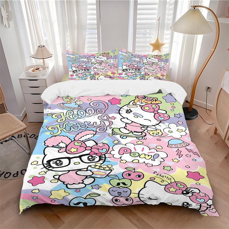 3pcs Colorful Hello Kitty Printed Bedding Set, Soft and Comfortable Quilt Cover for Bedroom, Guest Room (Not Included).W019