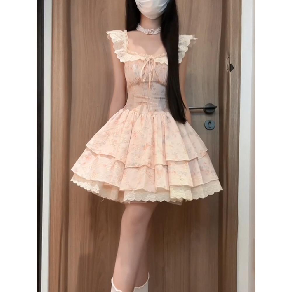 Cute sweet girl pink floral dress female design feeling waist thin short skirt summer new lace