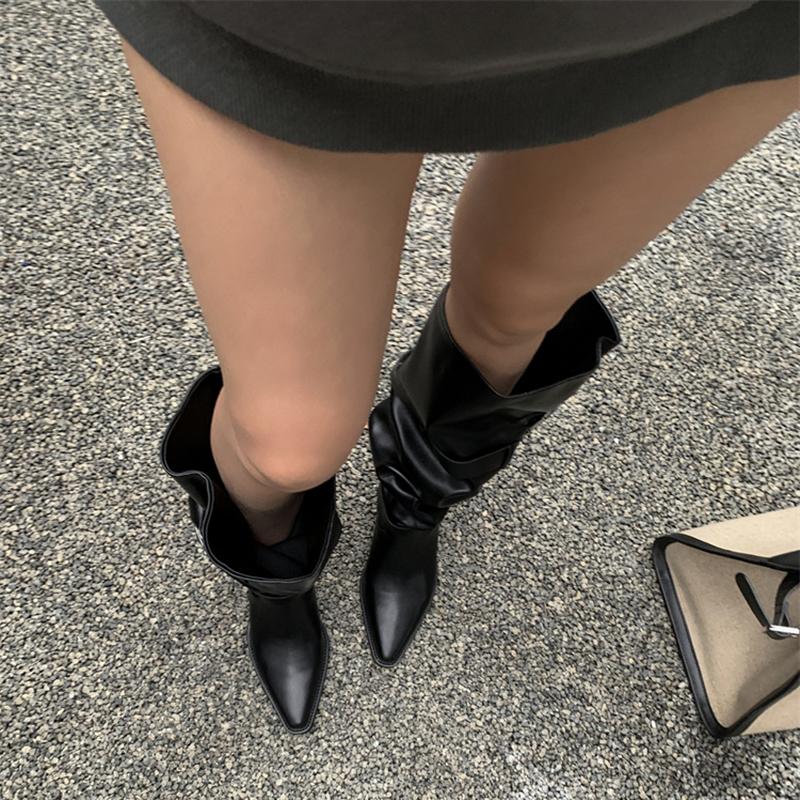 Autumn Vintage Thick Heel Women Knight Boots Fashion Belt Buckle Shoes Ladies Elegant Pointed Toe Mordern Knee High Booties