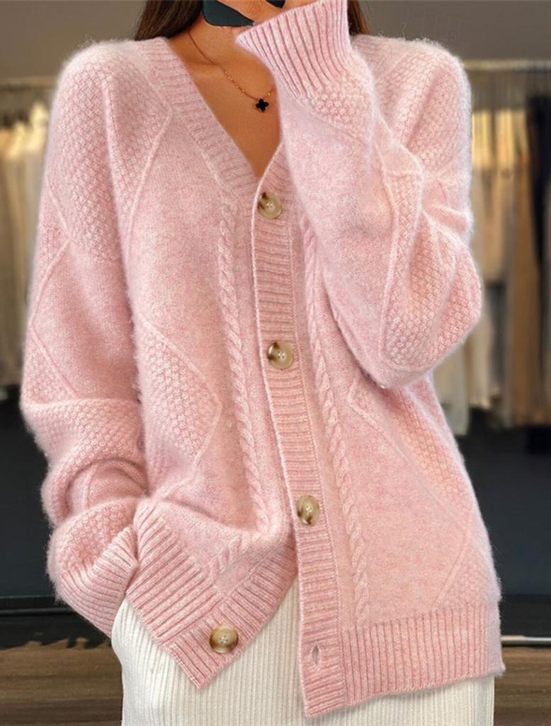 Autumn and winter new solid color long-sleeved V-neck knitted cardigan breasted jacquard sweater women's coat