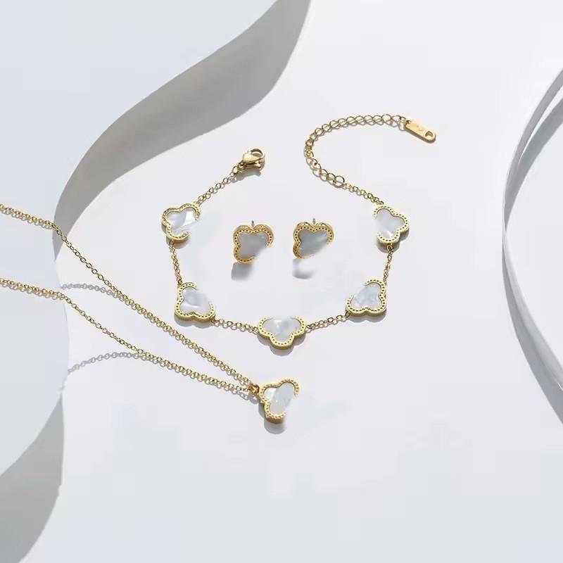 Vierblättriges Kleeblatt Schmuckset Damen Herren - Edelstahl Halskette Armband Ohrringe Mit Vakuum-Beschichtung