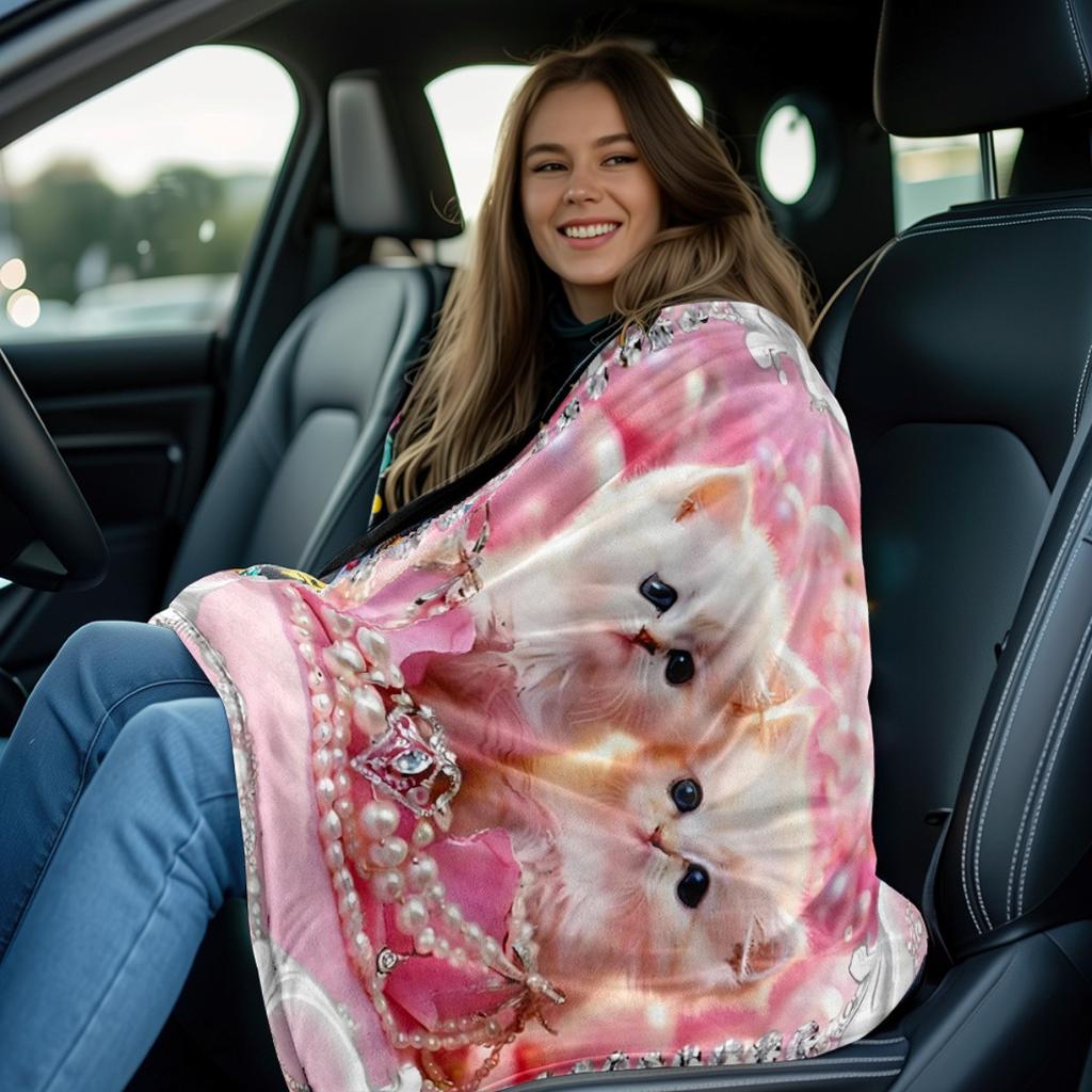 Pink Cute Kitten Flannel Throw Blanket Pearl Crown Gem White Cat Print Soft Warm Sofa Bed Decor Blanket