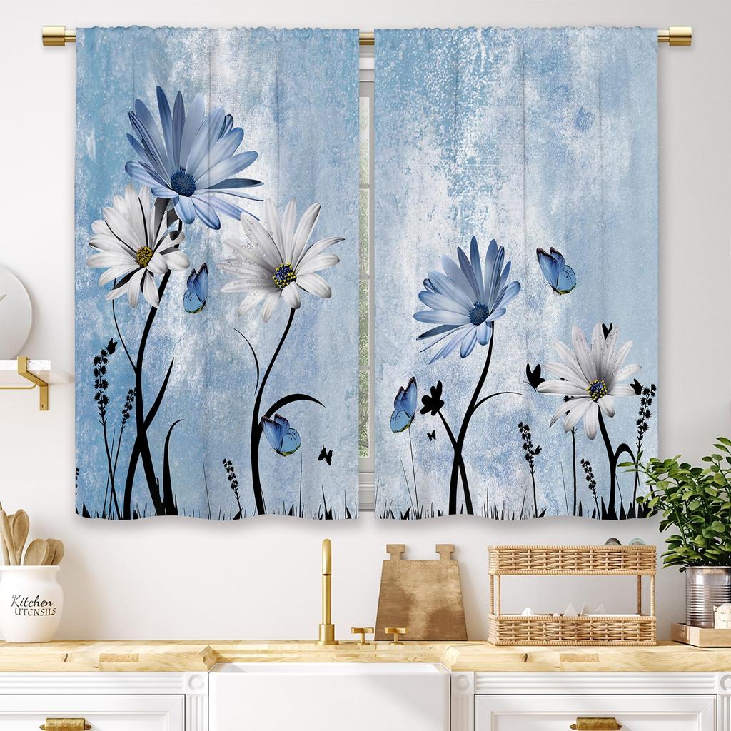 Rustic Retro Blues Daisy and Butterfly Print Half Curtain Short Rod-Style Window Treatment for Kitchen and Bathroom 27.5 x 39 inches