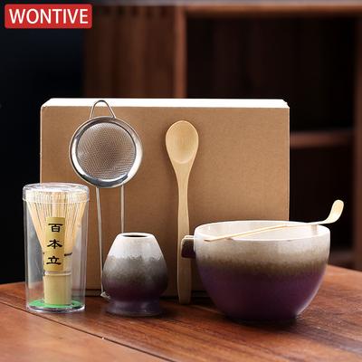 4/6PCS Japanese Matcha Set with Ceramic Bowl Bamboo Matcha Whisk Teaspoon Tea Sets with Strainer Tea Making Tools Accessories