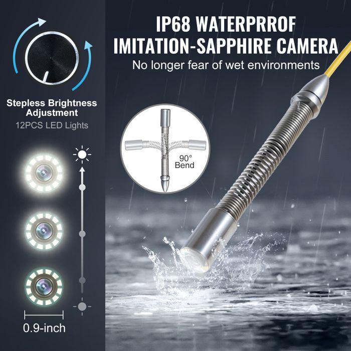 Caméra Inspection Canalisation 30 m-VEVOR-Zoom 36X, Étanche IP68, Lumière 12 LED-pour Conduit, Égout, Plomberie, Tuyaux