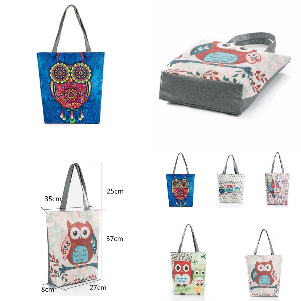 Stylish Women's Canvas Tote Shoulder Handbag Featuring Owl Design For Travel And Shopping