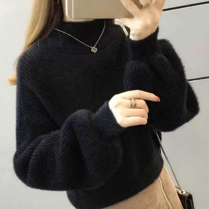 Women's Lantern Sleeve Sweater - Loose, Half High Collar Autumn and Winter Sweater
