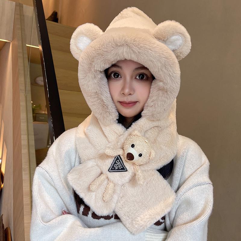 Doll bear hat scarf integrated schoolgirl cute warm winter plush scarf cover ear protection