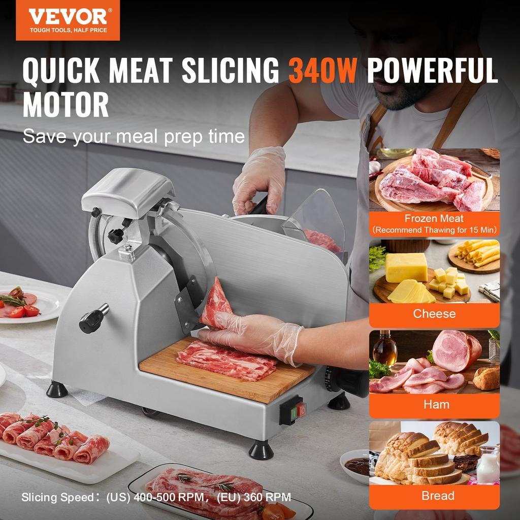 Meat Slicer, 340W Electric Deli Food Slicer with 10" SUS420 Stainless Steel Blade and Built-in Sharpening Stone, 0-0.6 Inch Adjustable Thickness for