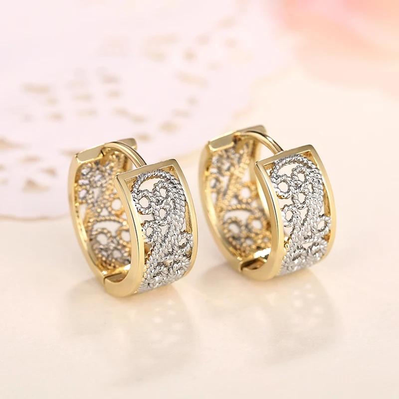 Huitan Noble Exquisite Hoop Earrings Two-tone Hollow Pattern Versatile Daily Party Zircon Women Elegant Engagement Accessories