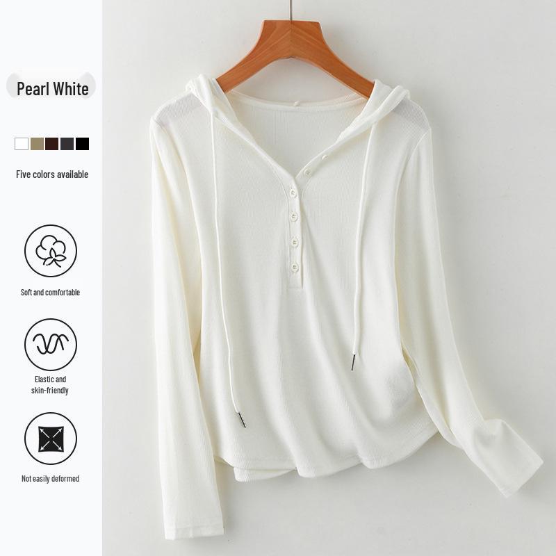 Women's V-Neck Button-Down Hooded Sweatshirt Base Layer - Slim Fit Long Sleeve for Spring & Autumn