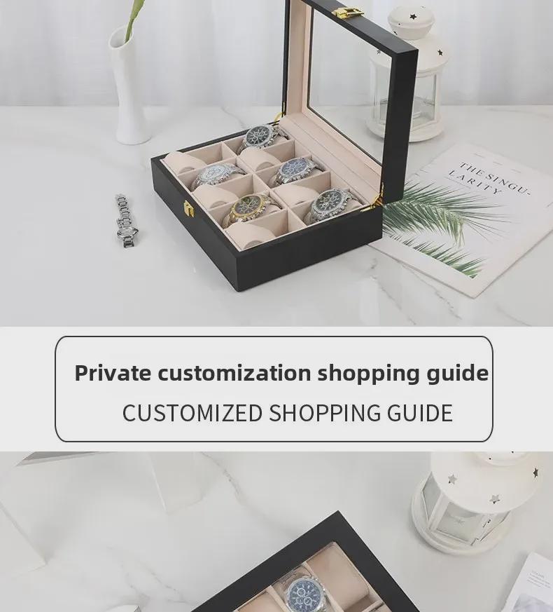 Luxusní dřevěná krabička na hodinky v evropském stylu s průhledným odklápěcím víkem a přezkou, červený 12místný displej