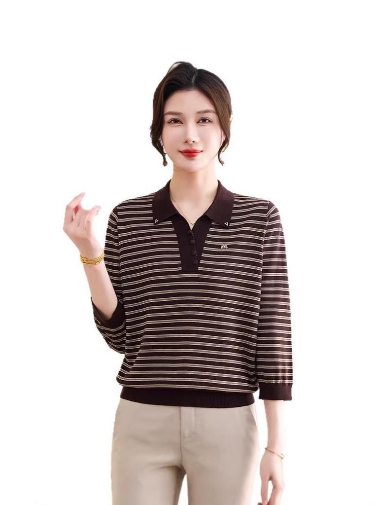 Mom's Stylish Spring Striped Lapel Knitwear for Middle-Aged & Elderly Women - Age-Reducing, Loose Fit T-shirt Top
