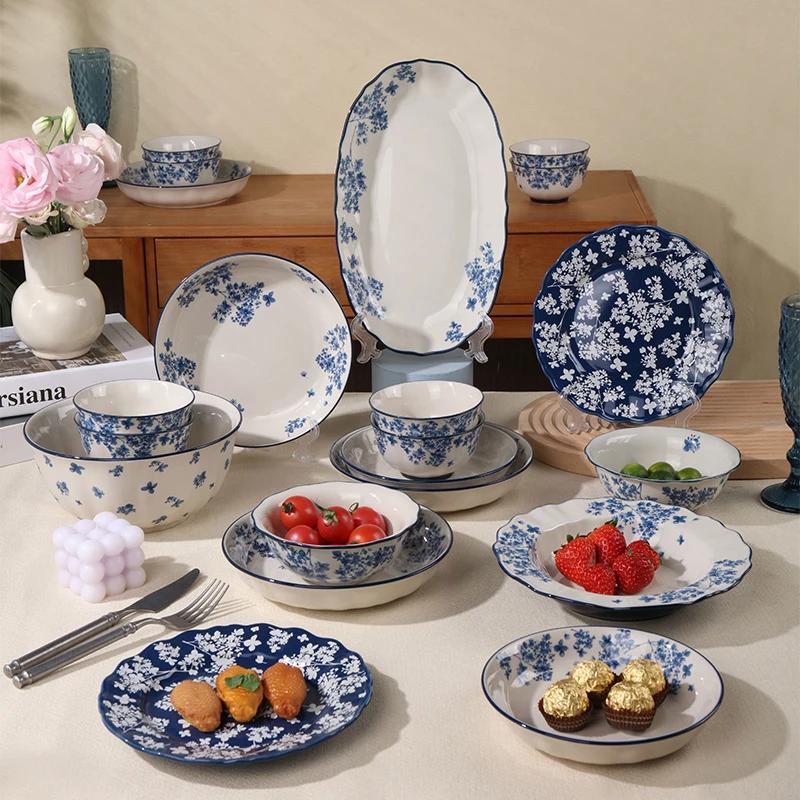 Chinese Ceramic Bowls Plates Retro Tableware Ramen Bowl Steak Dish Dessert Salad Plate Dinnerware Household Decor