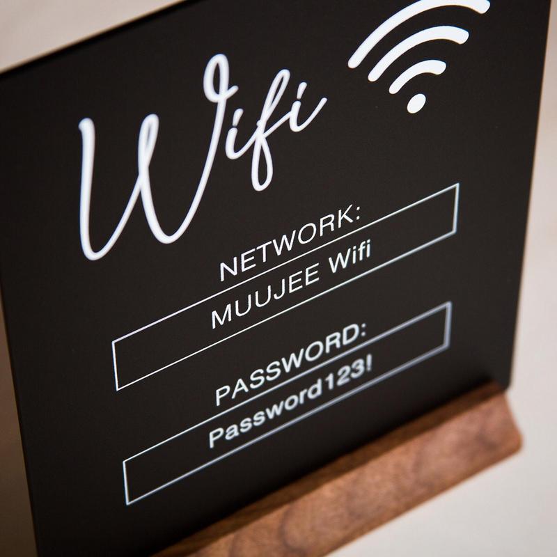 Segno Wifi Pannello Acrilico 3D con Base in Legno Segnaletica Negozio Pubblico Tavolo Wifi Ristorante Per Scrittura a Mano Account e Password