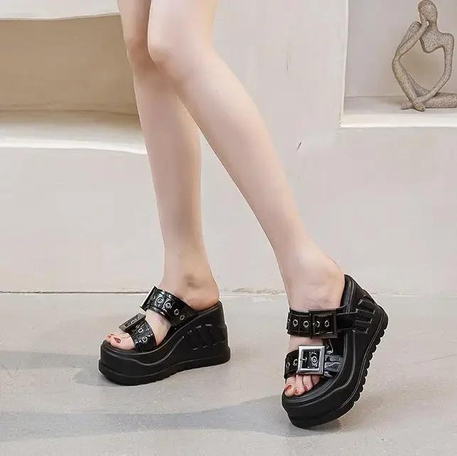 Fashion 10CM New Women's Summer Outdoor Beach Wedge Heel Thick Bottom Slip-On Slippers High Heels Buckle Shoes 2025 Ladies Flat Sandals