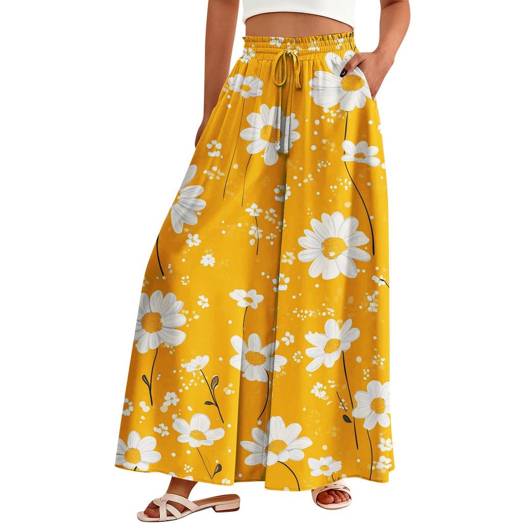 Women's Palazzo Pants Boho Floral Wide Leg Trousers Summer Beach High Waisted Flowy Pants With Pockets