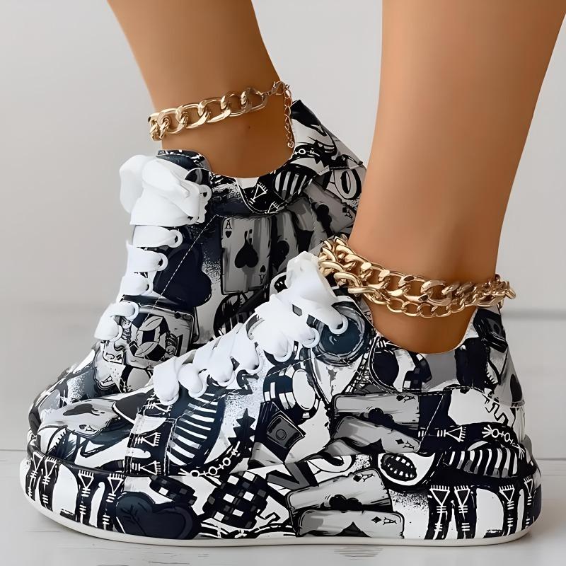 Damen-, Niedrig geschnitten, Freizeitschuhe, Graffiti-Druck, Sportschuhe, Schnürschuhe, Dicksohlig, Board-Schuhe