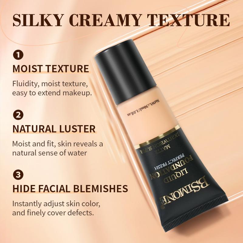 Bsimone Coverage Foundation Long-Lasting Oil Control Waterproof Liquid Foundation Matte Finish Concealer With Sponge Brush Head