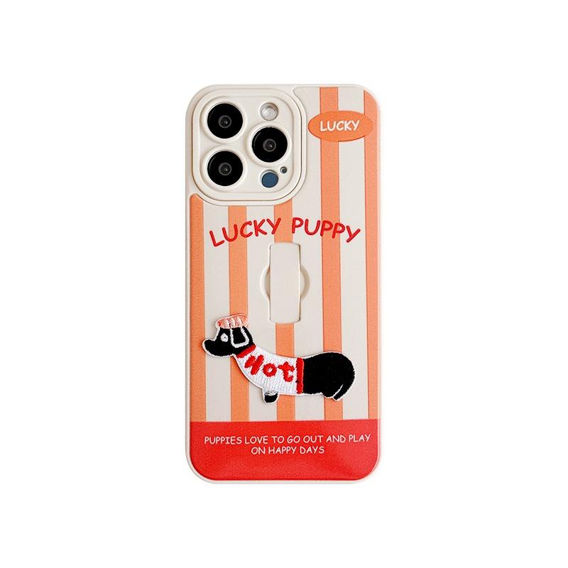 

Cute Embroidery Dachshund Puppy Ring Stand Holder Case For iPhone 16 Pro Max 17 15 14 13 12 11 Colorful Stripe Back Cover iPhone 15 Pro