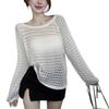 Backless design round neck grid hollow thin long-sleeved knitted sweater women's spring and summer simple and thin sunscreen top