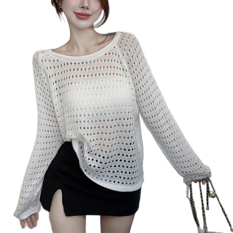 Backless design round neck grid hollow thin long-sleeved knitted sweater women's spring and summer simple and thin sunscreen top