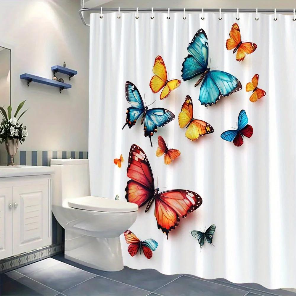 Lebendiger Schmetterlings-Duschvorhang, Verspielte Blau-Orange-Rot-Gelbe Flügel, Weißer Hintergrund, Verspielte Badezimmerdekoration, Polyester