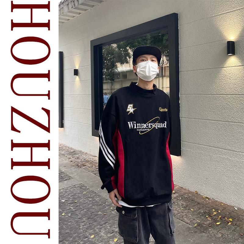 Vintage Patchwork Pullover Korean Harajuku Design Polo Neck Sweatshirt Streetwear Long Sleeve Sweatshirt Oversized Tops Y2k Style