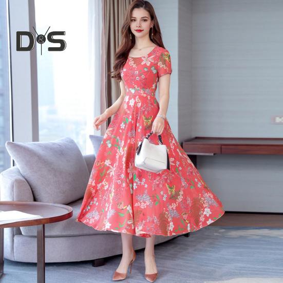 Dámské letní šaty s květinovým potiskem Plážové šaty do půli lýtek s upnutým pasem Krátký rukáv s kulatým výstřihem Šaty do A na prázdninové párty