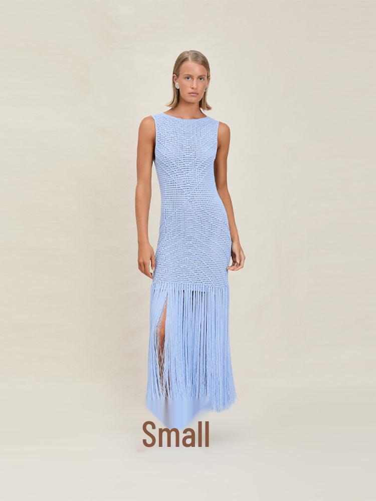 

Summer 2026 Elegant Tassel Knit Hollow-Back V-Neck Sleeveless Long Dress Medium светло-синий