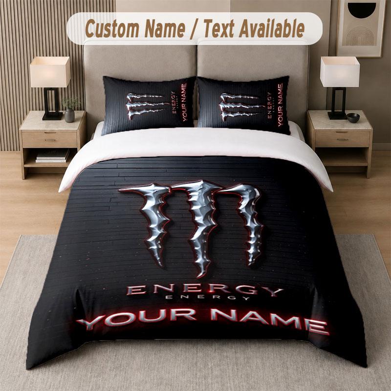 Set Biancheria da Letto Personalizzato Modello Monster Energy, Stampa Nome Testo 1 Copripiumino più 2 Federe Tessile per la Casa