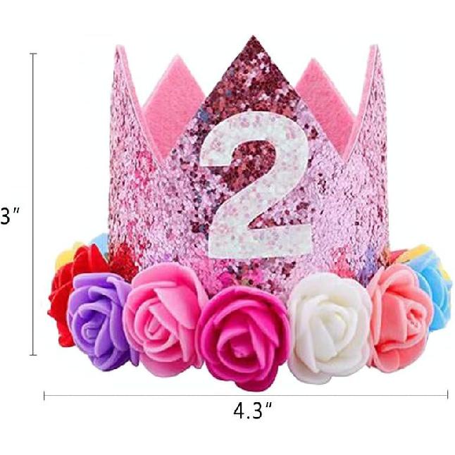 Baby Princess Glitter Pink Crown, 2st Birthday Party Hat Gold with Mix Rainbow Color Flowers