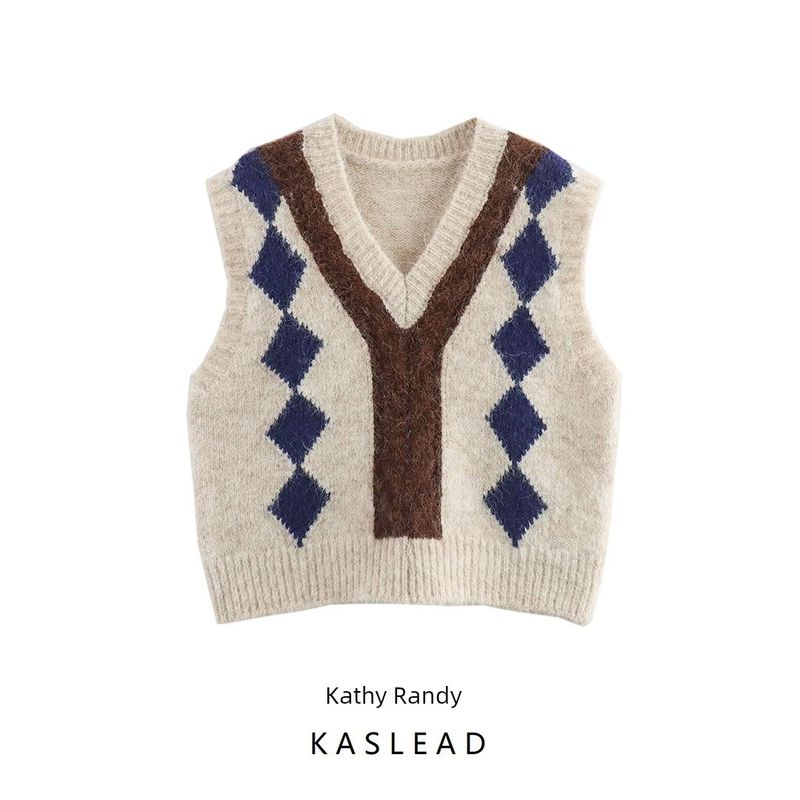 Kaslead New Arrival Women's Fashion Style Minimalist Retro Contrast Color Maillard Quilted Waistcoat Vest Vest