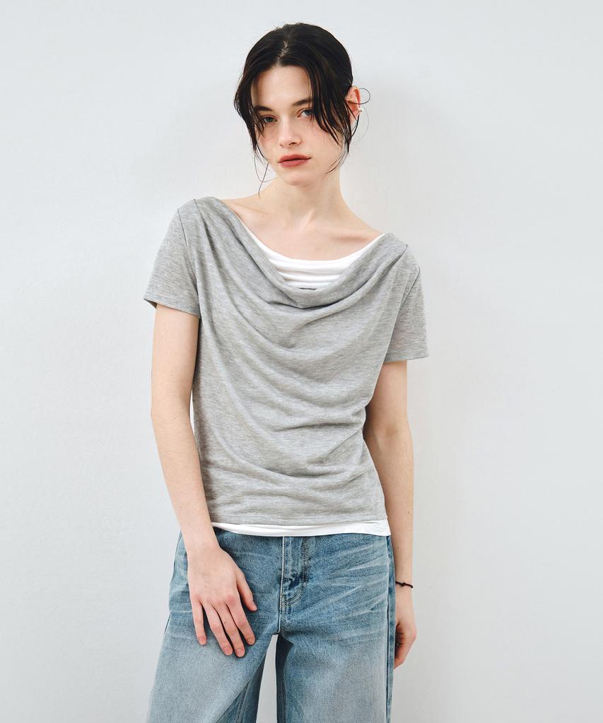 MONGDOL Drape Neck Layered Short Sleeve T-Shirt Gray Mdts094Gray