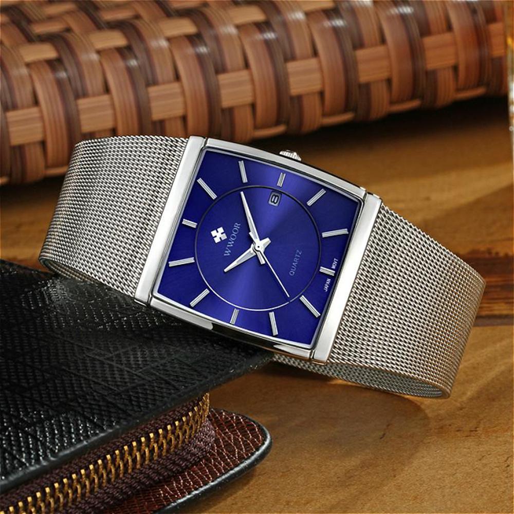 Top Brand WWOOR Quartz Watch Men Square Waterproof Business Men's Watches Luxury Black Steel Strap Sport Wrist Watch