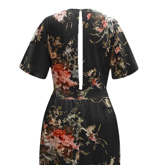 Short Sleeve Maxi Dress Flower Print Women High Split Waist Tight Plus