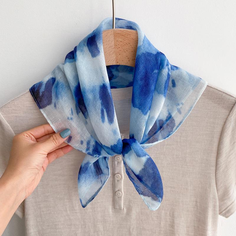 Flax small square scarf silk scarf women's headscarf neck protection scarf imitation blue dye handmade tie-dye scarf Yunnan yarn scarf thin scarf